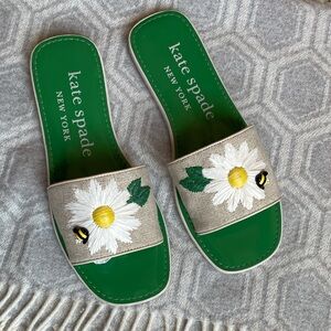 Kate Spade Seraphina Bee & Flower Linen Slide Sandals Green White Sz 7